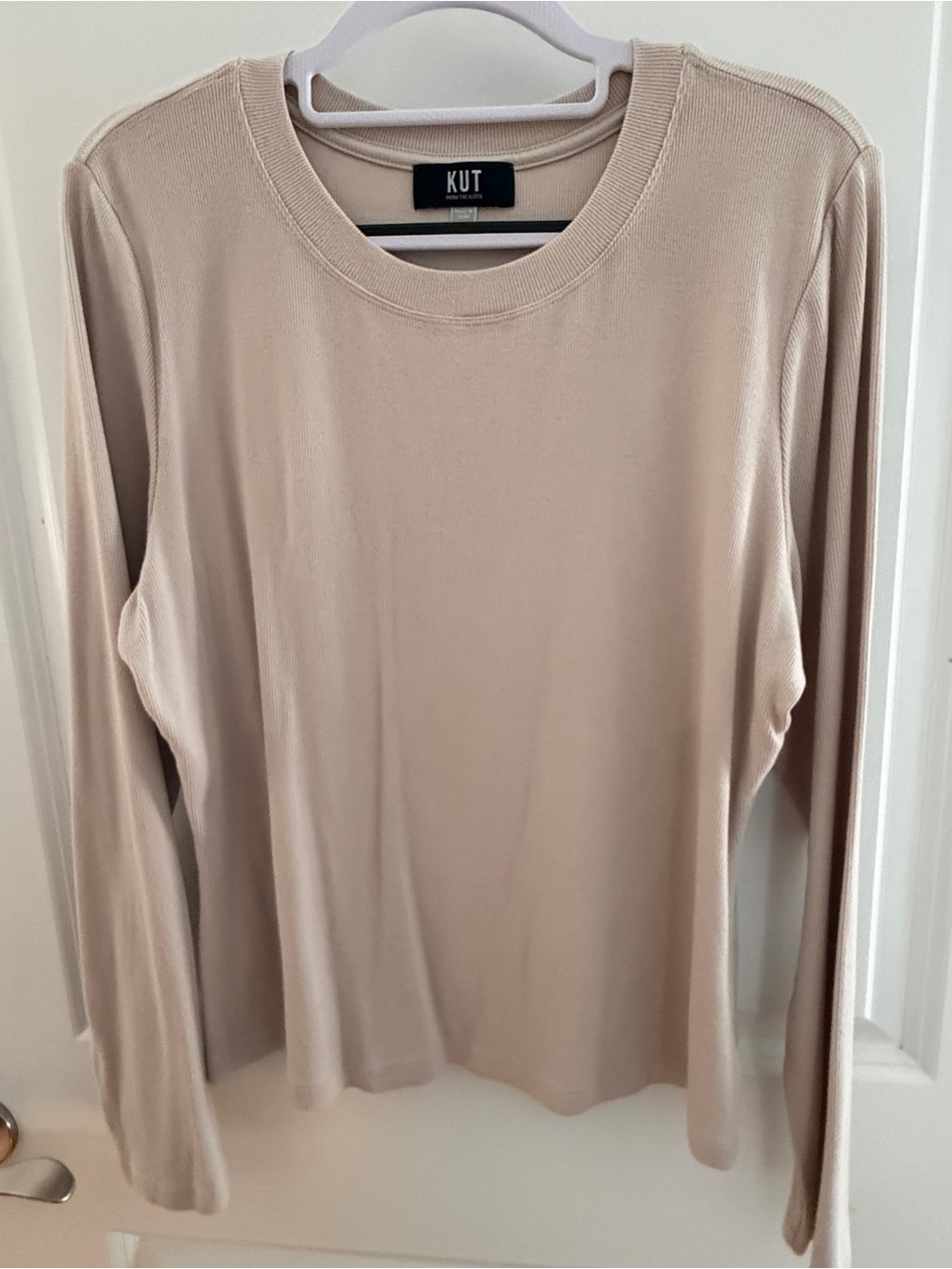 KUT from the Kloth Ribbed Long Sleeve Tee Sand Beige Crewneck